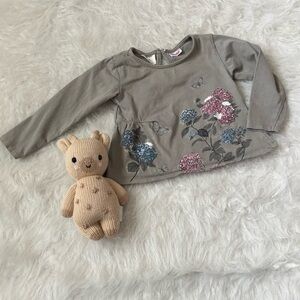 Zara Kids Long Sleeve Top with Floral Embroidery - Gray